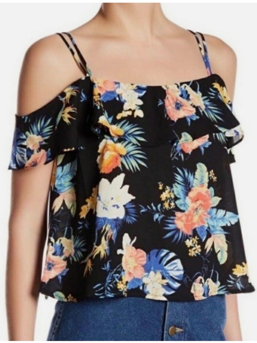 Lush Black Floral Cold-Shoulder Camisole with Ruffle